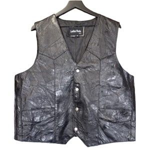 Leather Works Black Patchwork Motorcycle Biker Vest Men’s XL Snap Up